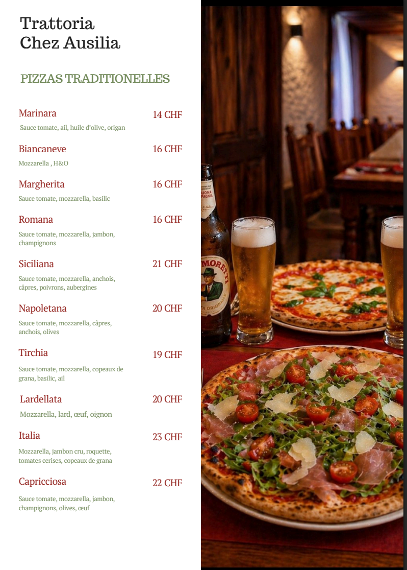 Menu des pizzas traditionnelles